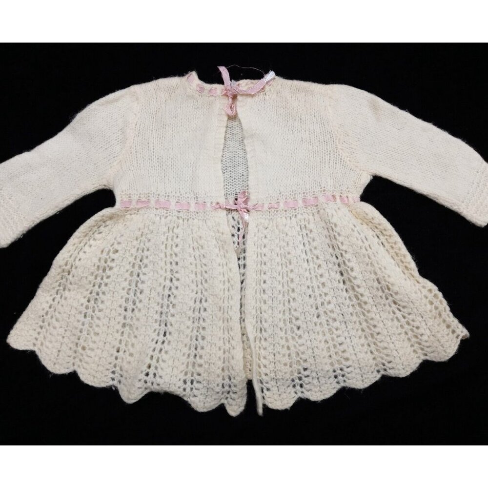 vintage wool baby cardigan sweaters creme with pink ribbon headband 3-9 months!!
